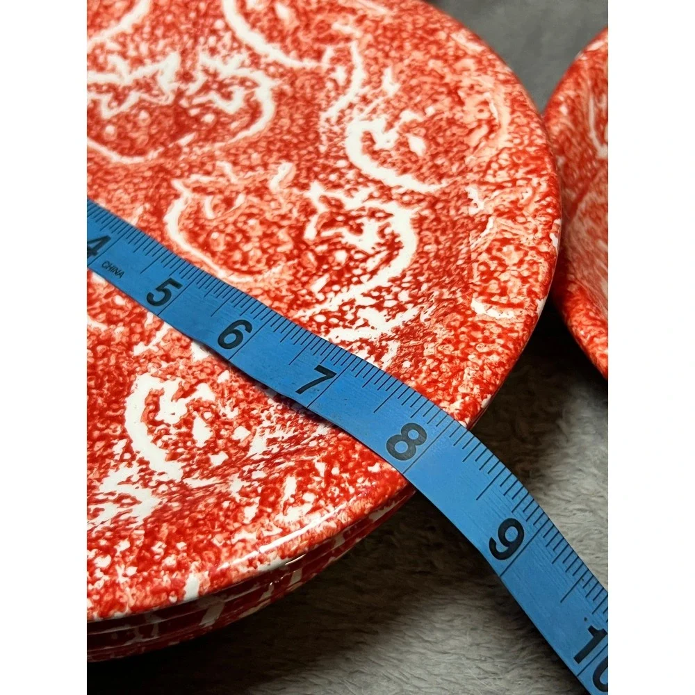 Batik Red Spongeware Salad Plates Set of 6 w/ Serving Bowl Italian Pottery 1992